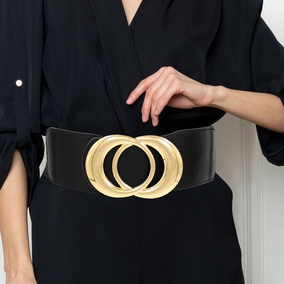 Oversized Metal Buckle Accented Elastic Statement Belt - Picture 1 of 2